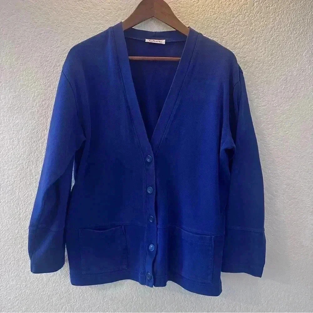 Talbots Womens Blue Cardigan Sweater Size Large Button Front Heavyweight Classic